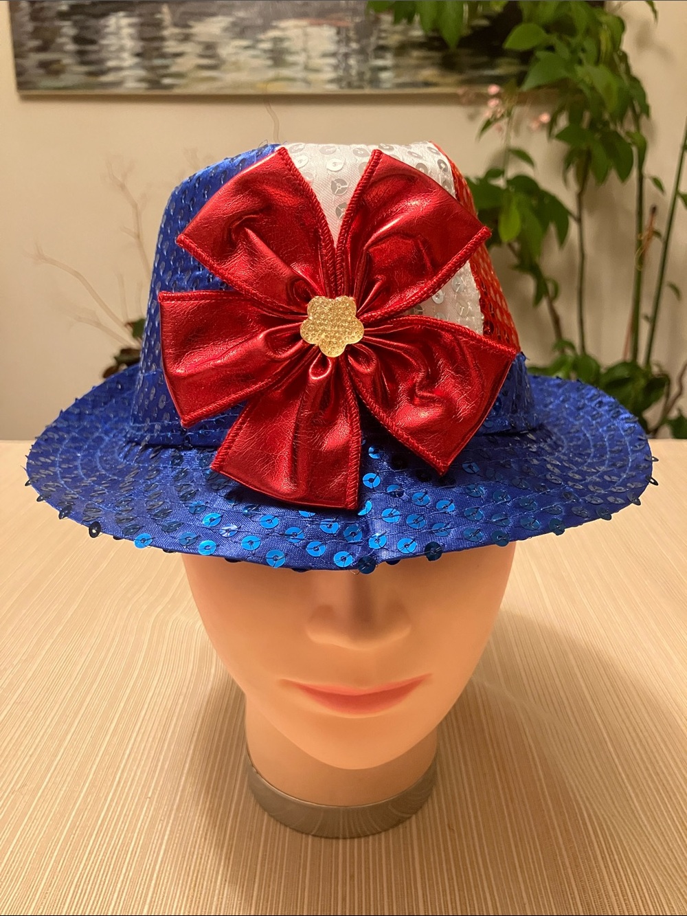 Patriotic Sequin Fedora with Red Flower Accent